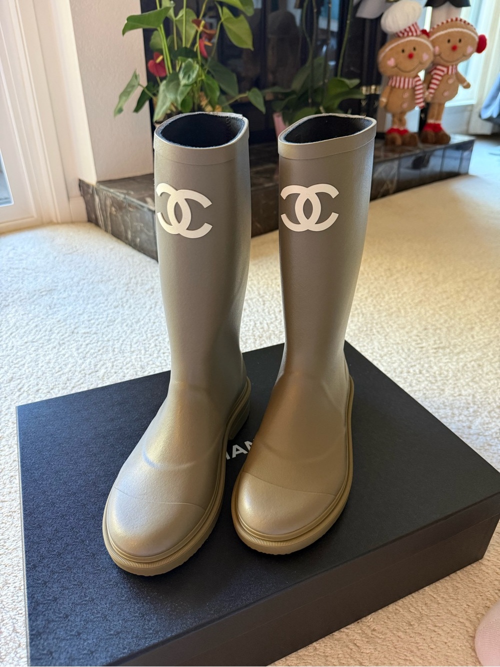Brand New - CHANEL Olive Green Knee-High Rain Boots